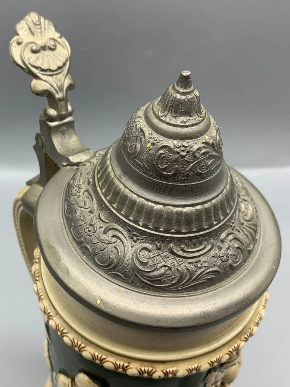 Vintage German Gestzlich Tavern Scene Stein with Pewter Hinged Lid